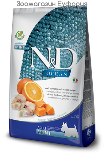 N&D DOG OCEAN ADULT MINI PUMPKIN с тиква, риба треска и портокал - насипна 1кг