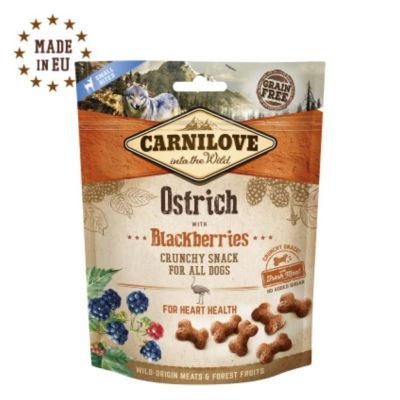Хрупкави лакомства за куче Carnilove Crunchy snack - с прясно месо от щраус и къпини, БЕЗ ЗЪРНЕНИ КУЛТУРИ 0.200 кг.